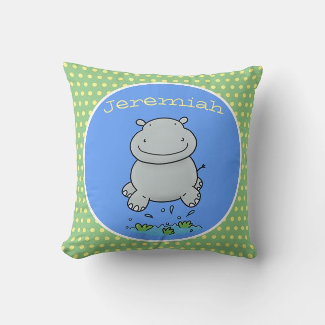Coussin Caricature d'hippo joyeux sautant (Recto)