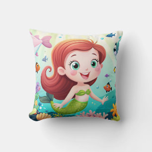 Coussin caricature fille sirène dans la mer avec du poisso