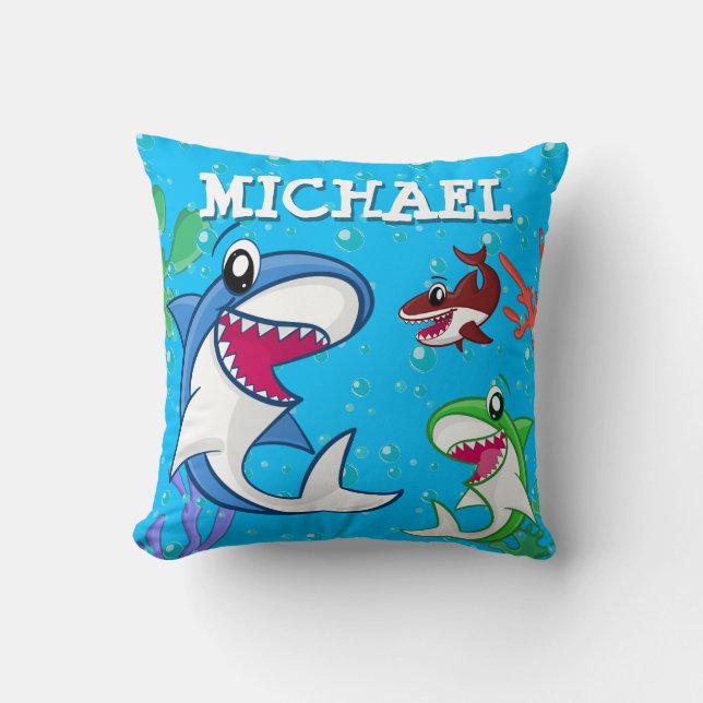 Coussin Caricature pour enfants requin sous-marin Blue Sea (Recto)