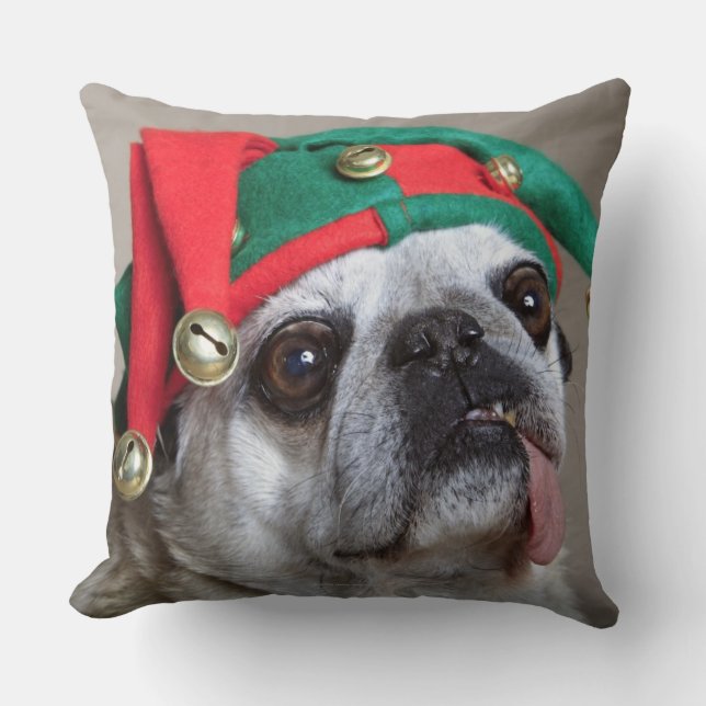 Coussin Carlin de regard drôle avec la langue traînant (Recto)