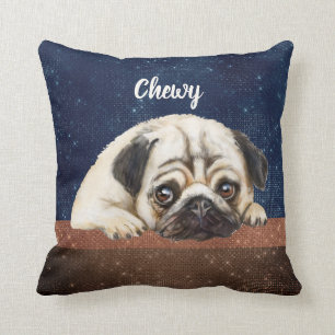 Coussin Carlin mignon texte personnalisé bleu brun modern