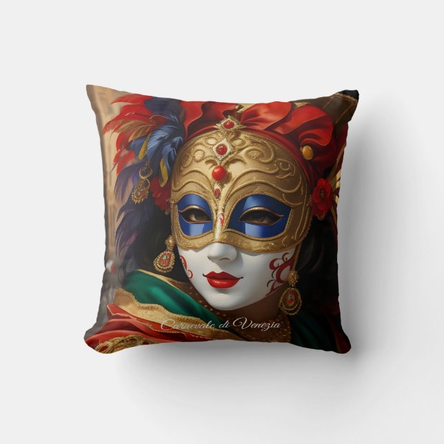Coussin Carnaval de Venise masque or rouge bleu (Recto)