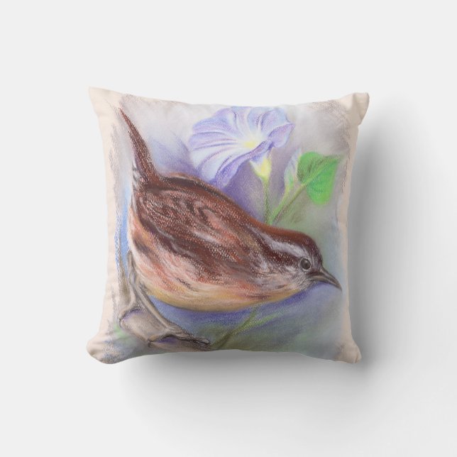 Coussin Carolina Wren avec les fleurs de gloire du matin (Recto)