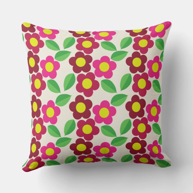 Coussin carré avec design floral rouge et rose. (Verso)