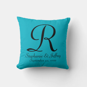 Coussin  Carré de monogramme personnalisé bleu vif