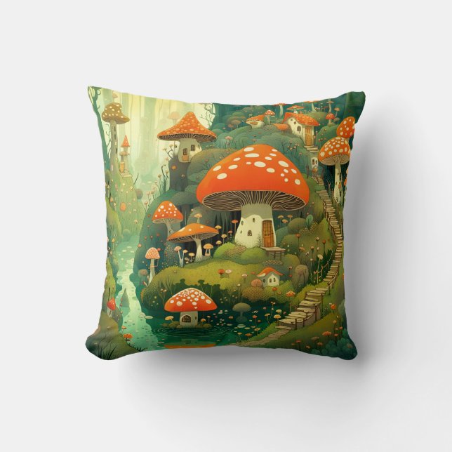 Coussin Carré du village de champignons Whimsical (Recto)