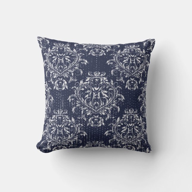 Coussin Carreau affligé de damassé - bleu marine (Recto)