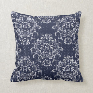 Coussin Carreau affligé de damassé - bleu marine