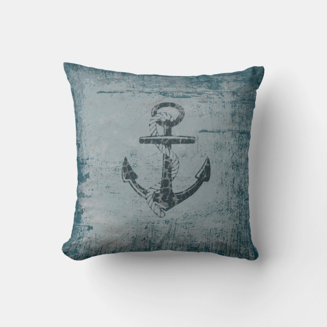 Coussin Carreau bleu affligé par Ancre nautique (Recto)