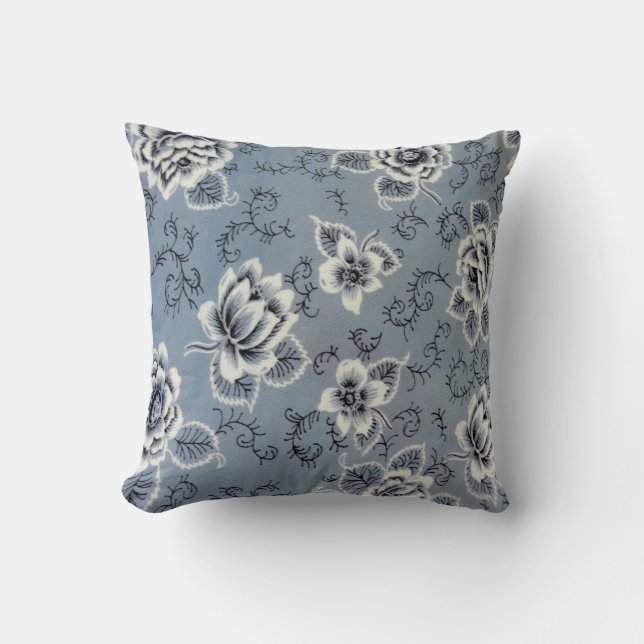 Coussin Carreau bleu colonial du motif de fleur | (Recto)