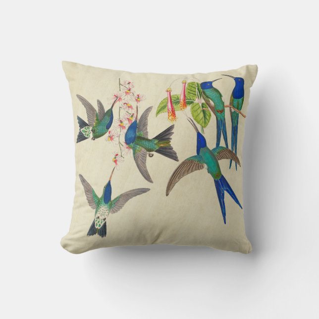 Coussin Carreau bleu exotique de fleurs d'oiseaux de (Recto)
