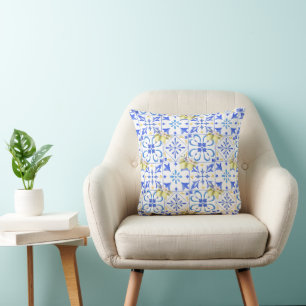 Coussin Carreau bleu motif de citron de campagne française