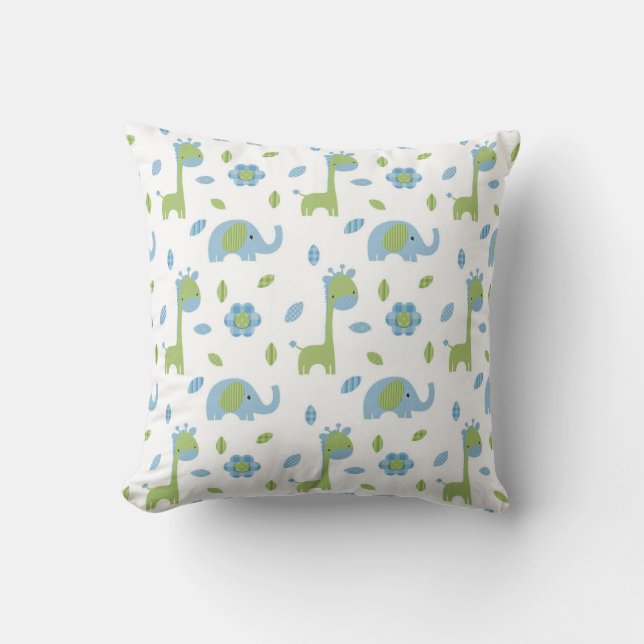 Coussin Carreau bleu-vert d'éléphant et de girafe (Recto)