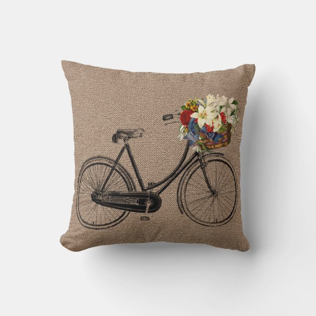 Coussin Carreau brun de fleur de bicyclette de tweed (Recto)