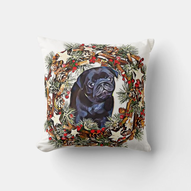 Coussin Carreau de chien de carlin de Noël (Recto)