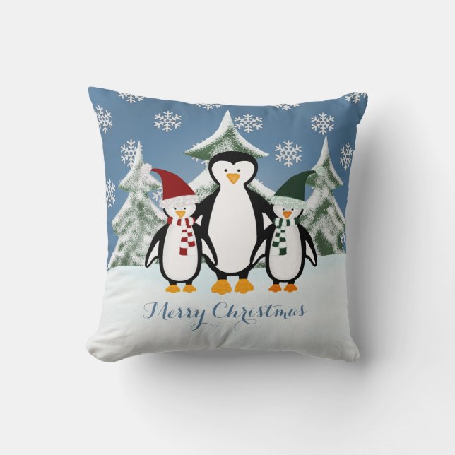 Coussin Carreau de Joyeux Noël de famille de pingouin (Recto)