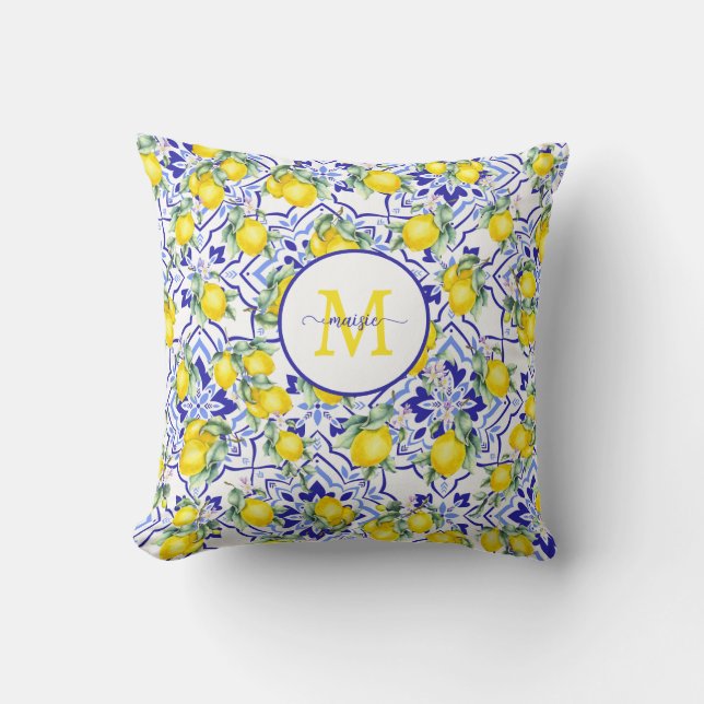 Coussin Carreau de nom de monogramme citron bleu de campag (Recto)