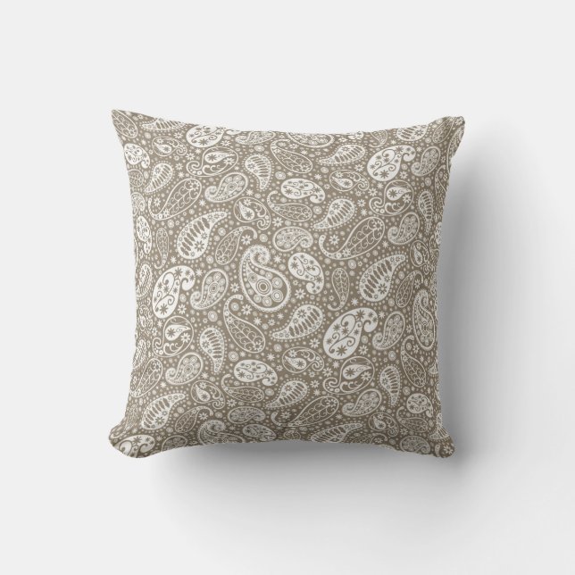 Coussin Carreau de Paisley de Taupe et de blanc (Recto)