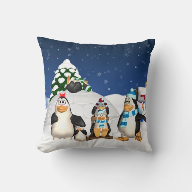 Coussin Carreau de vacances d'hiver de famille de pingouin (Recto)