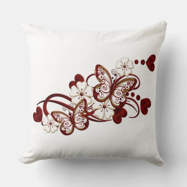 Coussin Carreau décoratif de papillons rouges de coeur (Recto)