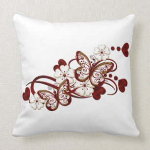 Coussin Carreau décoratif de papillons rouges de coeur