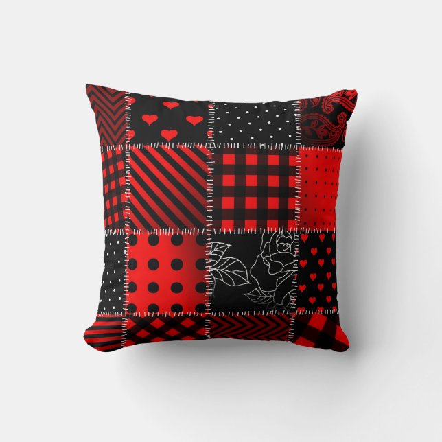 Coussin Carreau décoratif de patchwork rouge et noir (Recto)