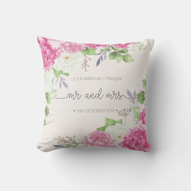 Coussin Carreau floral élégant de M. et de Mme Wedding | (Recto)