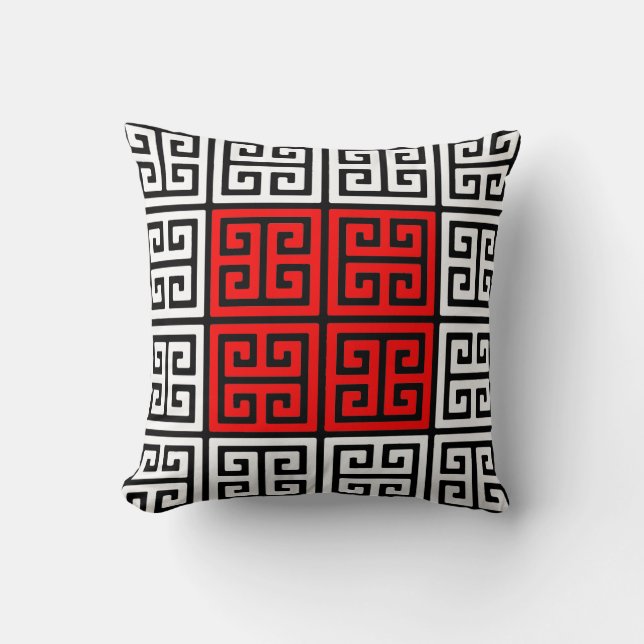 Coussin Carreau grec blanc et noir rouge de motif (Recto)