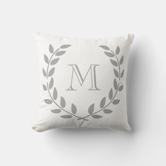 Coussin Carreau gris de monogramme de guirlande de laurier (Recto)