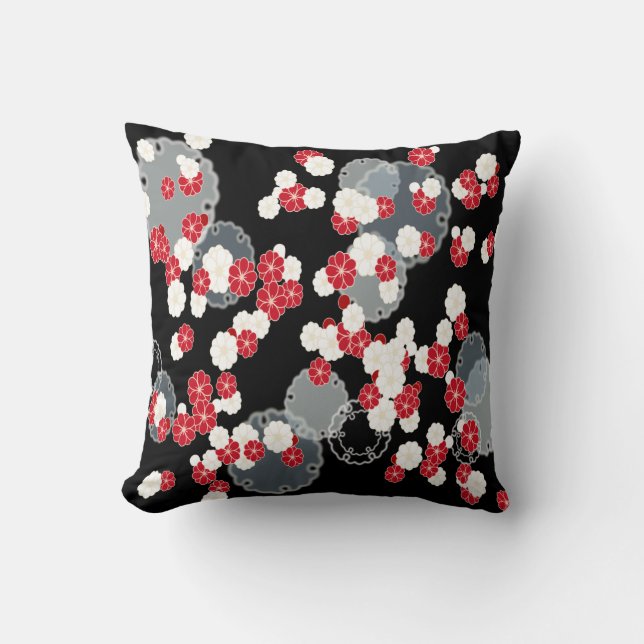 Coussin Carreau gris noir blanc rouge de fleur (Recto)