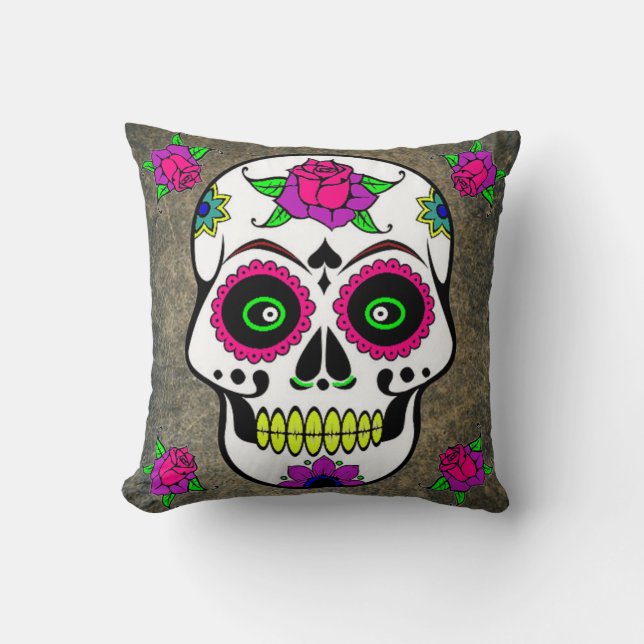 Coussin Carreau mexicain de crâne de sucre d'art populaire (Recto)