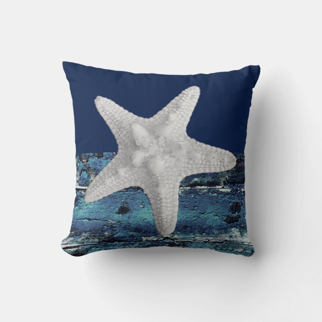 Coussin Carreau nautique d'étoiles de mer bleues rustiques (Recto)