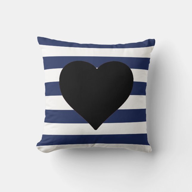Coussin Carreau noir rayé bleu et blanc de coeur (Recto)