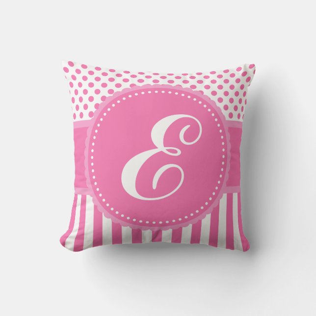 Coussin Carreau rose de points et de rayures de monogramme (Recto)