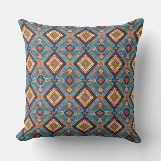 Coussin Carreau sarcelle et jaune aztèque  (Recto)