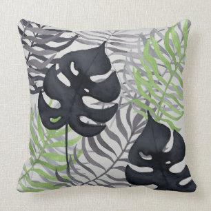 Coussin Carreau tropical vert et gris de feuille