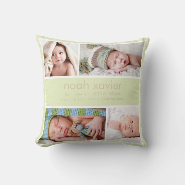 Coussin Carreau vert clair de faire-part de naissance (Recto)
