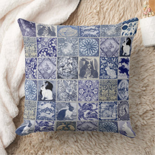 Coussin Carreaux de lapin Mosaïque Motif Bleu Blanc Gris V