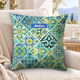 Coussin Carreaux de Talavera Méditerranéens Aqua Menthe Ru