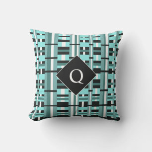 Coussin Carreaux en Aqua, Sarcelle, Noir & Monogramme Blan
