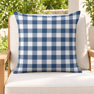 Coussin Carreaux Gingham Navy Classique Blanc