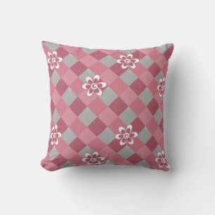 Coussin Carreaux gris et rose avec fleurs de camomille