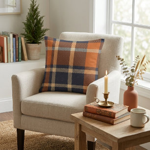 Coussin Carreaux orange et bleu d'automne