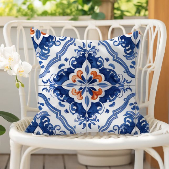 Coussin Carreaux Portugais Motif Bleu Blanc Orange (Créateur téléchargé)