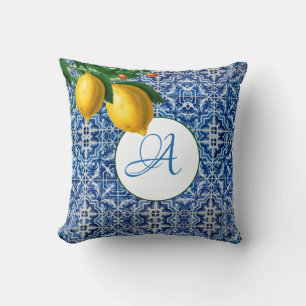 Coussin Carrelage bleu blanc citron Monogramme d'été