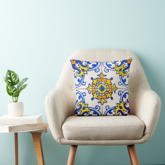 Coussin Carrelage bleu jaune traditionnel portugais Azulej (Chaise)