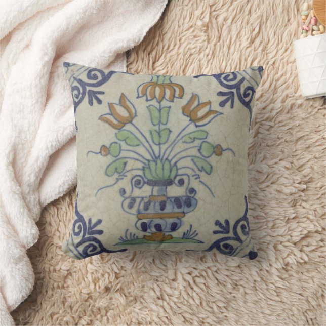 Coussin Carrelage Delft Antique Pot de Fleur Céramique (Couverture)