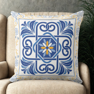 Coussin Carrelage Floral Bleu & Or Méditerranéen vintage
