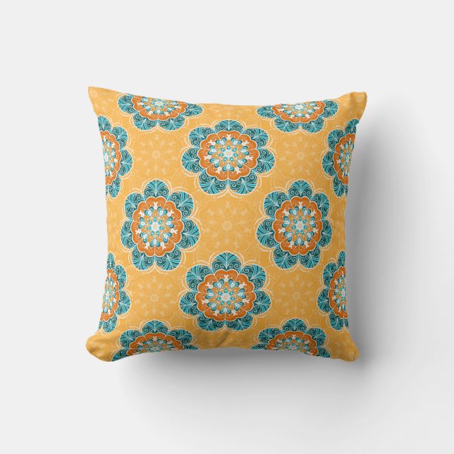 Coussin Carrelage Mandala floral en Orange et Turquoise (Recto)