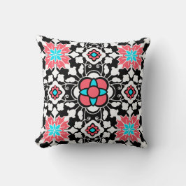 Coussin Carrelage marocain floral, noir, blanc et rose cor